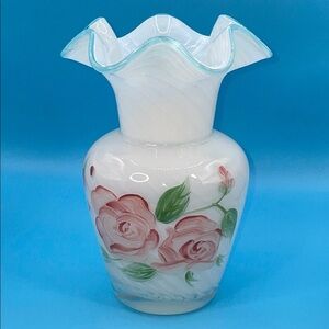 Fenton Floral White and Pink Ruffled Glass Vase 6”